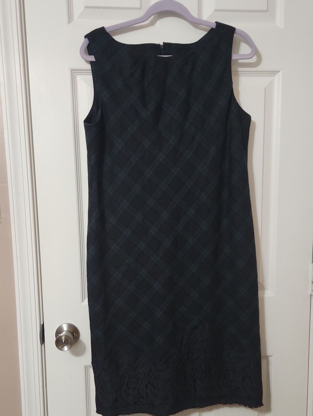 Fall Work Job Office Talbots Navy Plaid Sleeveless Shift Dress with Lace Trim
